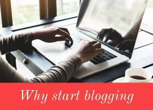 a woman typing on a laptop and asking her why to start blogging