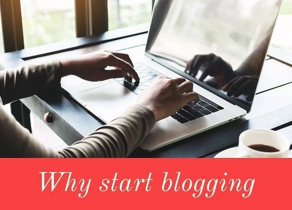 a woman typing on a laptop and asking her why to start blogging