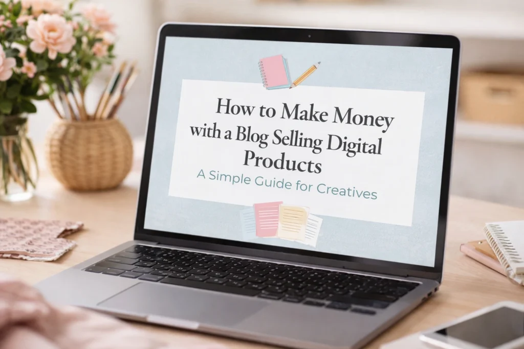 digital product guide displayed on a laptop for creative women learning how to make money with a blog